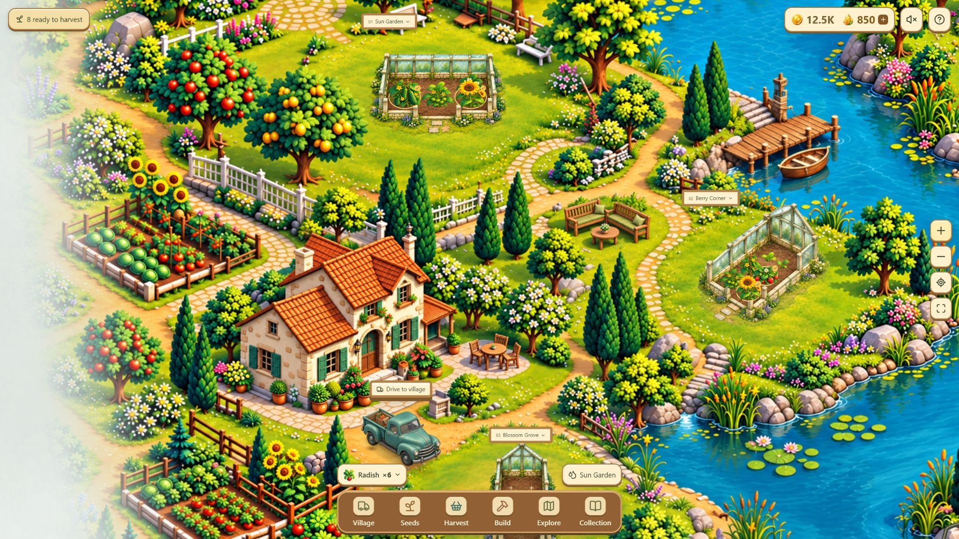 Starter farmhouse and planted standard greenhouses with the game interface visible